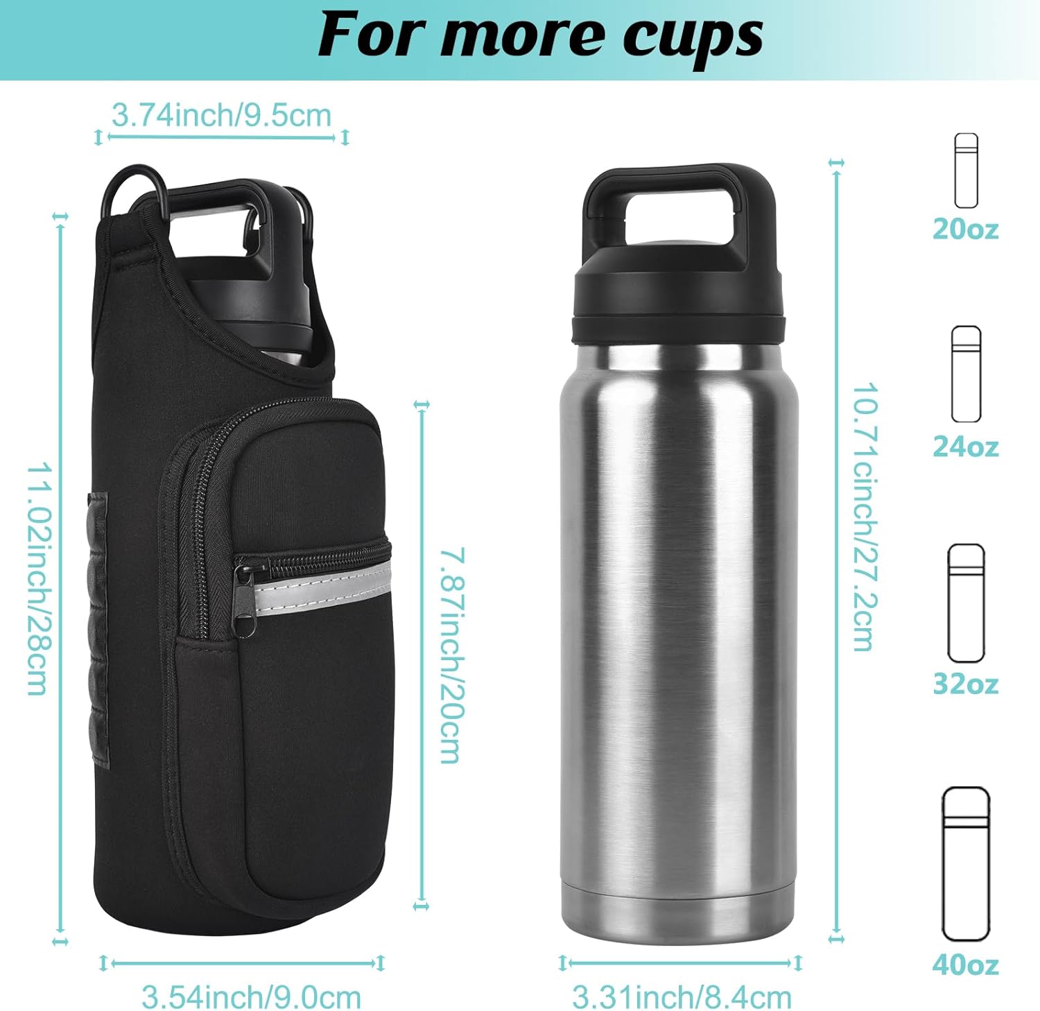 Magnetic Water Bottle Carrier Bag with Phone Pocket for 24oz 32oz 40oz Cup, Magnetic Neoprene Cup Holder Pouch for Gym Hiking