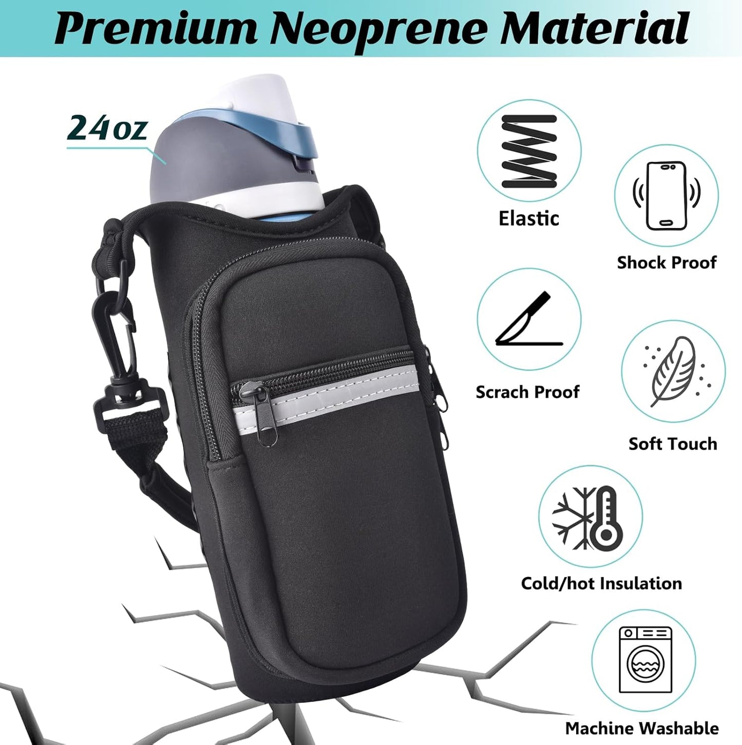 Magnetic Water Bottle Carrier Bag with Phone Pocket for 24oz 32oz 40oz Cup, Magnetic Neoprene Cup Holder Pouch for Gym Hiking