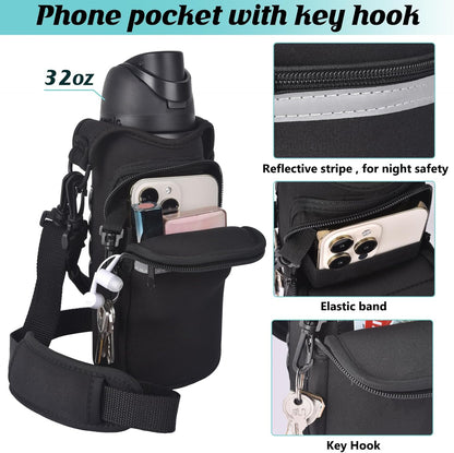 Magnetic Water Bottle Carrier Bag with Phone Pocket for 24oz 32oz 40oz Cup, Magnetic Neoprene Cup Holder Pouch for Gym Hiking